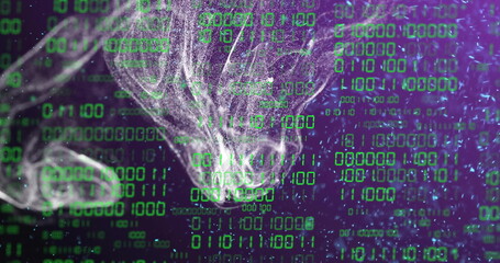 Binary code and data processing over abstract image of swirling shapes