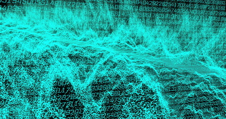 Digital data visualization with binary code and wave patterns, representing data processing