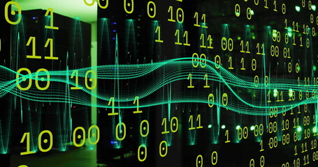 Binary code and digital wave image over cityscape at night