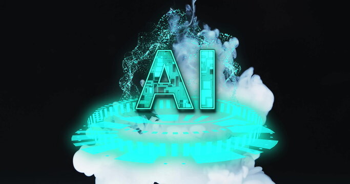 AI text over digital hologram and smoke image - Powered by Adobe