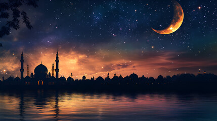 A tranquil night sky filled with stars and a crescent moon on 12 Rabi al Awwal for Eid Milad un Nabi