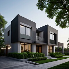 Modern luxury house with a well-manicured lawn..