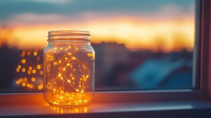 A decorative jar filled with fairy lights glowing softly, placed on a windowsill during dusk, symbolizing warmth, creativity, and home decor.