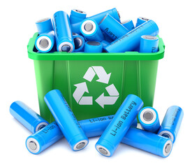 Li-ion Batteries in green recycle crate on white background - 3D illustration