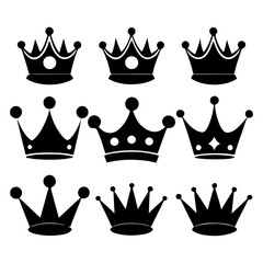 Collection of high-quality royal king crown silhouettes, prince's royal crown vector illustrations, and crown icon sets.