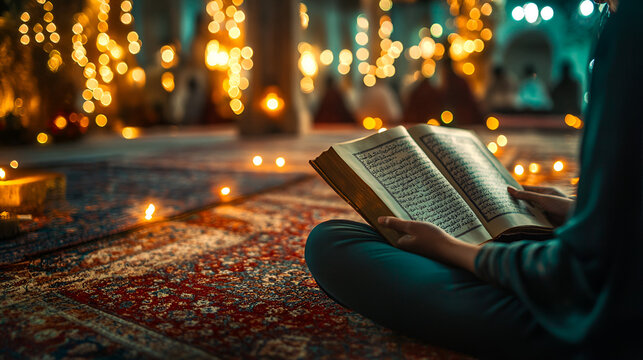 A serene scene of a person reading Quran on 12 Rabi al Awwal for Eid Milad un Nabi