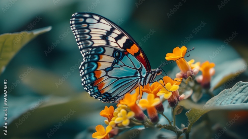 Poster a detailed macro shot of a vibrant butterfly resting on a flower, with its wings fully spread to rev