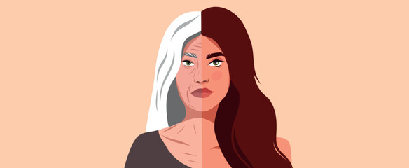  Skin aging. Young and old age. Two sides old gray-haired aging woman and young beautiful girl, vector illustration for advertising plastic surgery, anti-aging creams or cosmetic procedures