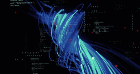 Image of blue trails over data processing on black background