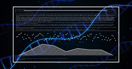 Image of dna strands over data processing on black background