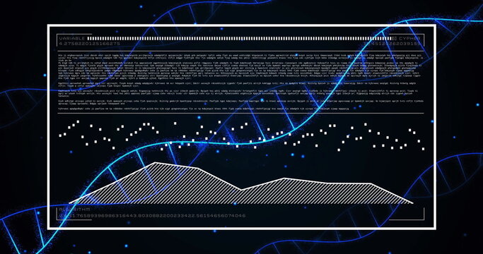 Image of dna strands over data processing on black background