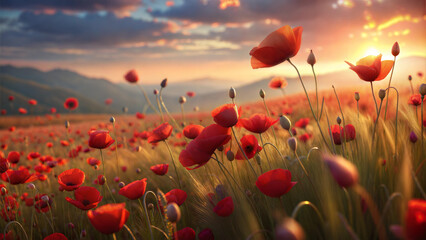 Fototapeta premium Vibrant sunset over a poppy field creating a serene natural landscape