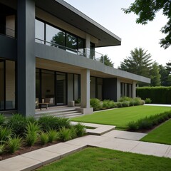 Modern luxury house with a well-manicured lawn..