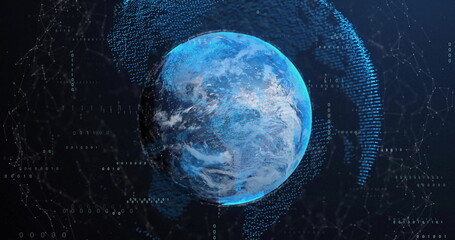 Image of globes over data processing on black background