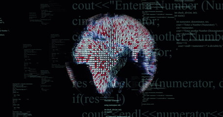 Image of globe over data processing on black background