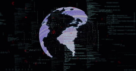 Image of globe over data processing on black background