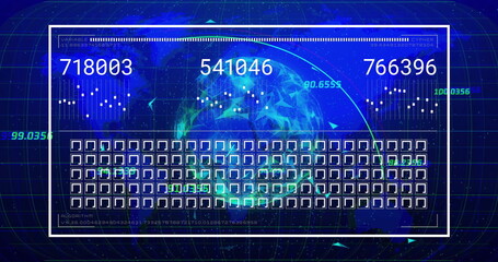 Image of globe and world map over data processing on black background