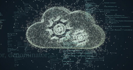 Image of digital cloud with cogs over data processing on black background