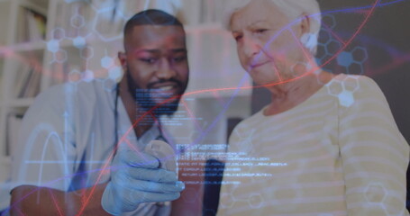 Image of dna strand over diverse doctor and patient using glucose meter