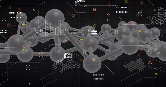 Image of dna network of connections and molecules on black background