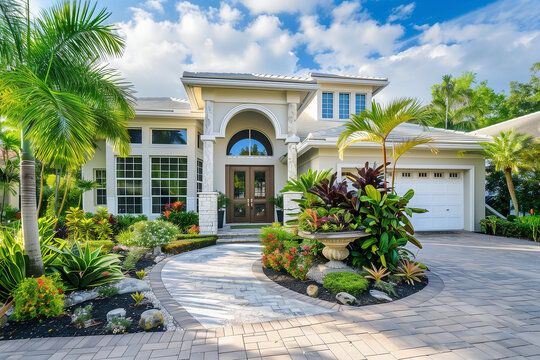 An Elegant Contemporary Home Surrounded by Lush Greenery, Beautiful Landscaping, and a Driveway. Generative AI