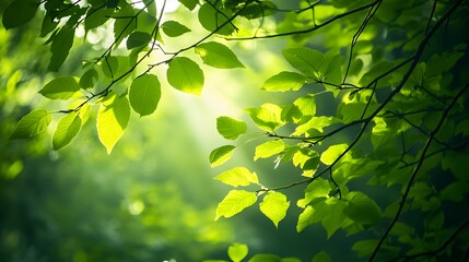 National forest in spring with new foliage, vibrant green leaves, sunlight filtering through the fresh canopy, soft, warm light creating a rejuvenating and lively atmosphere