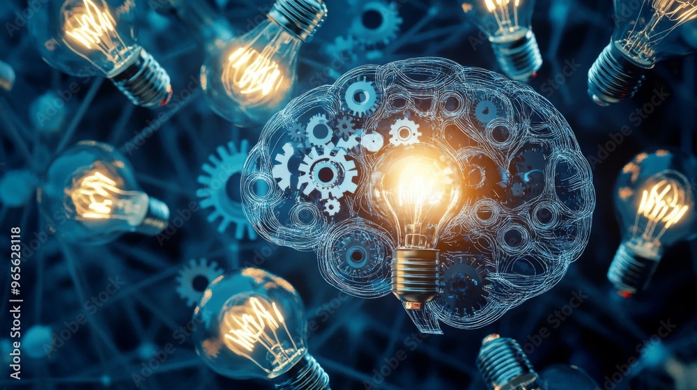 Aufkleber A digital concept of a brain with interconnected gears and lightbulbs, symbolizing the generation and flow of creative ideas.