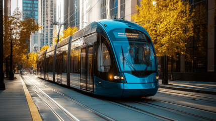 A streetcar powered by hydrogen fuel cells  runs through the city.