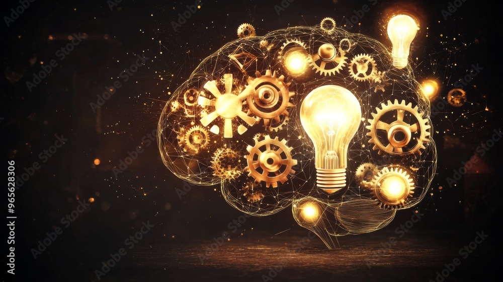 Aufkleber A digital concept of a brain with interconnected gears and lightbulbs, symbolizing the generation and flow of creative ideas.