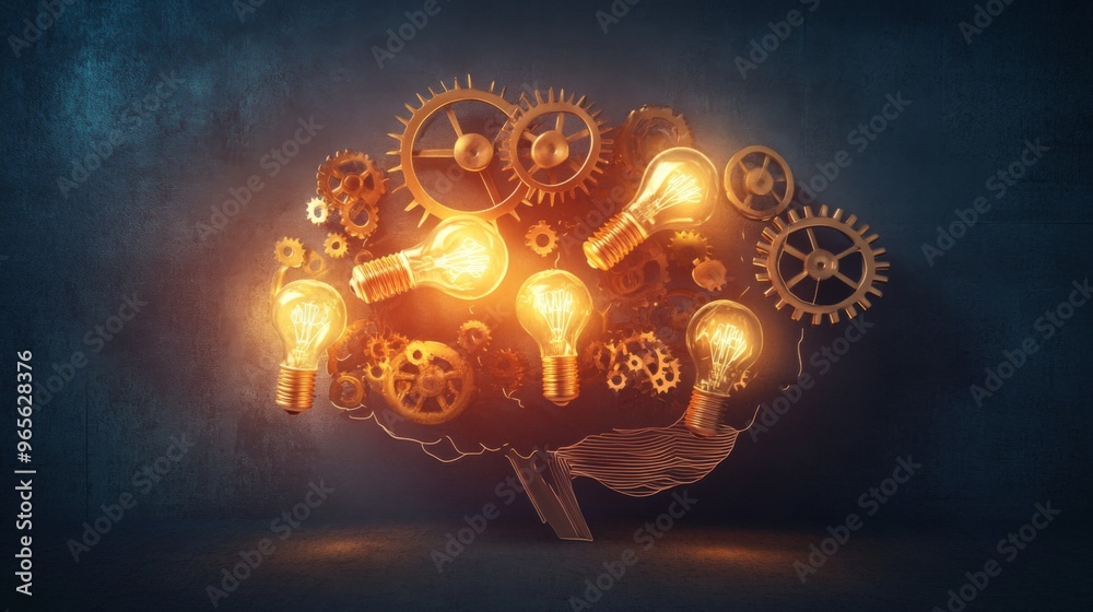 Poster a digital concept of a brain with interconnected gears and lightbulbs, symbolizing the generation an
