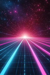 Futuristic 80s Neon Grid with Glowing Pink and Blue Lines Against Starry Sky Background