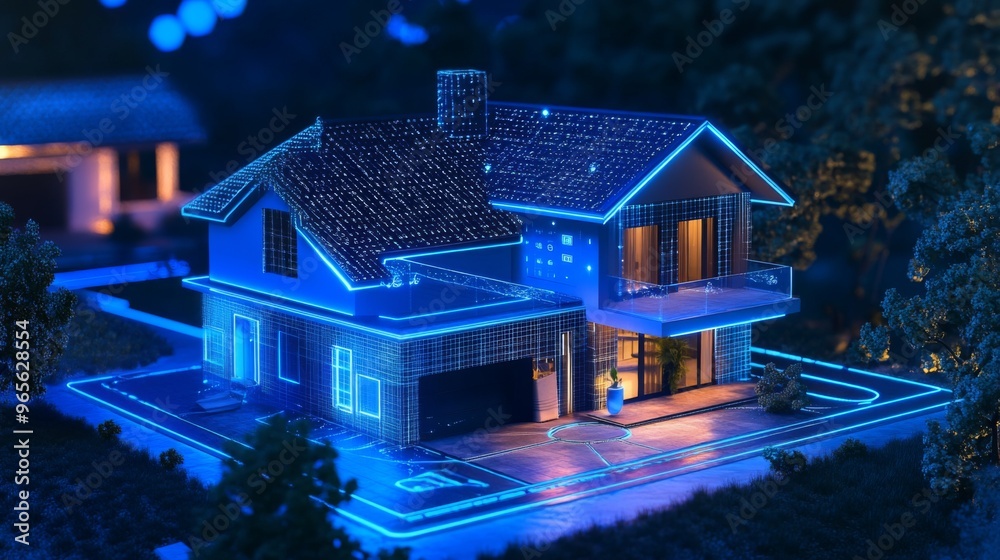 Poster A digital concept of a smart home with advanced technology and automation features, illustrating the future of residential living