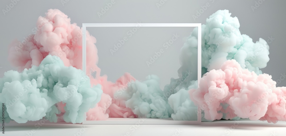 Poster Pastel clouds surround an empty frame, creating a dreamy and vibrant atmosphere perfect for artistic backgrounds.