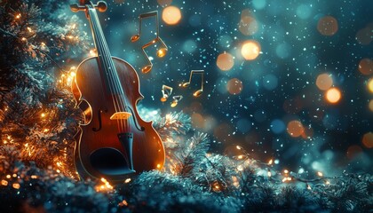 Enchanting Christmas Symphony - Festive scene with floating notes and glowing instruments playing in a magical setting for the holiday season. Plenty of copy space.