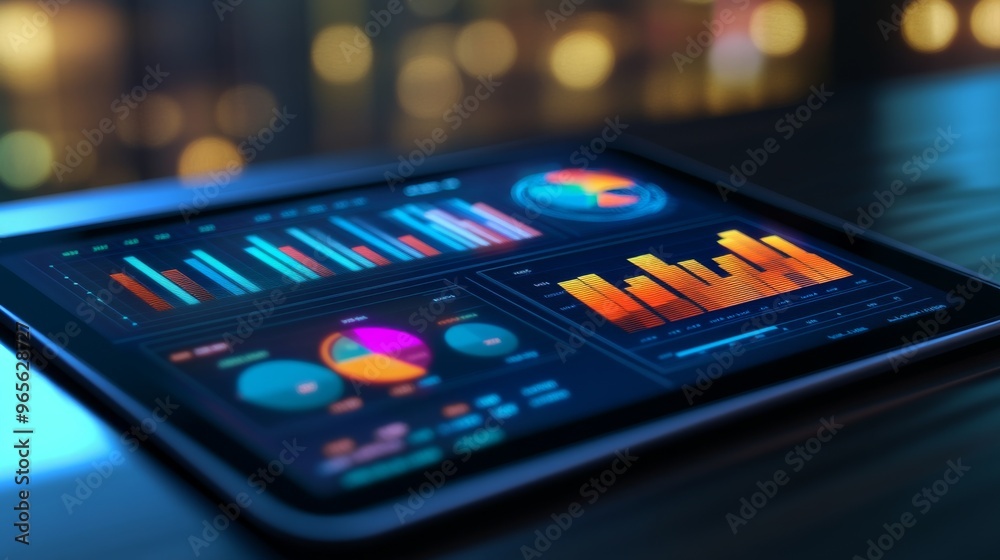 Poster A digital tablet showing a financial dashboard with various graphs and charts, symbolizing real-time data tracking and financial management.