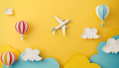 Airplane, hot air balloon toys and paper clouds for family traveling with child on yellow background top view mockup