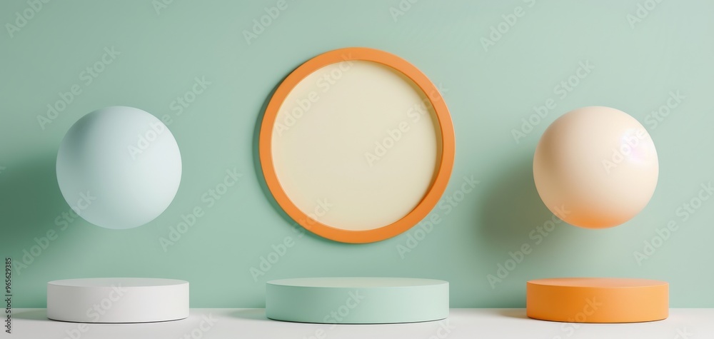 Aufkleber Minimalistic display featuring floating shapes and a round frame set against a soft green background for creative design.