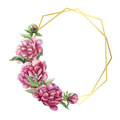 Floral frame vertical. Beautiful peonies and geometric gold. Hand drawn watercolor illustration isolated on white. For birthday greeting cards, wedding invitations, postcards, labels, mothers day.