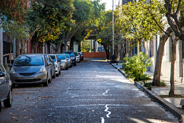 quiet street in the city with cars parked