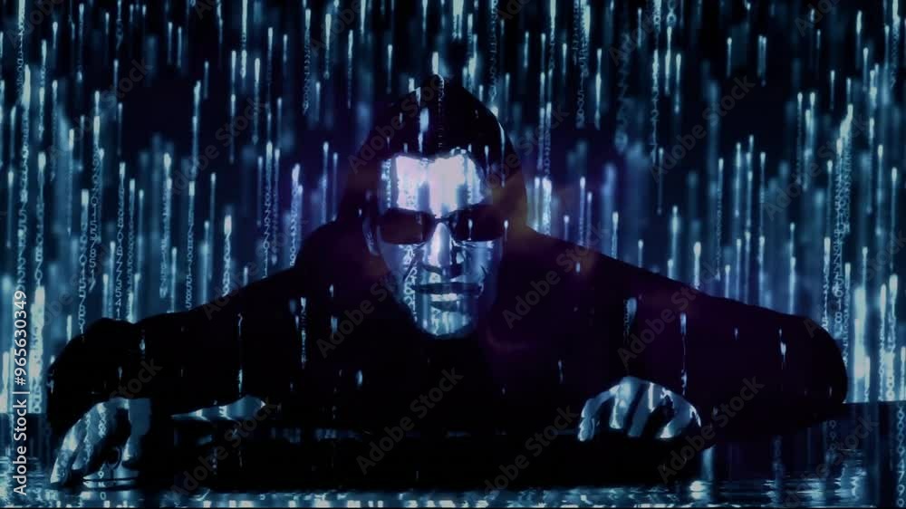 Poster animation of binary codinag and digital data processing over male hacker