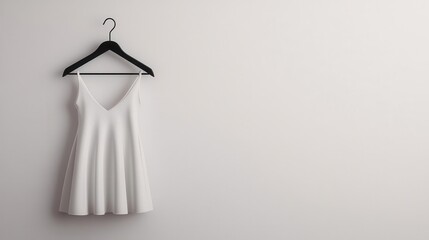 A flowing dress on a wire hanger, softly illuminated against a plain white background, Minimalist, Clean, Monochrome, Gentle lighting