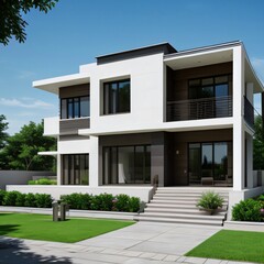 Modern luxury house with a well-manicured lawn..