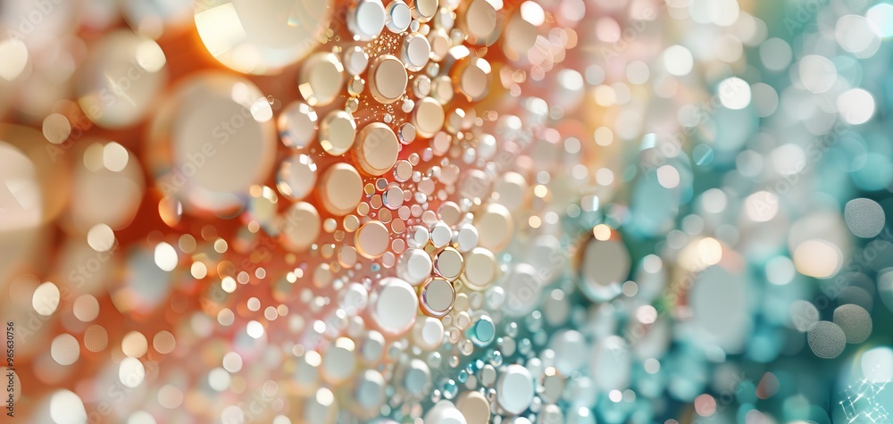 Leinwandbilder Vibrant water droplets on a colorful surface, creating an abstract pattern of light and texture that is visually captivating.