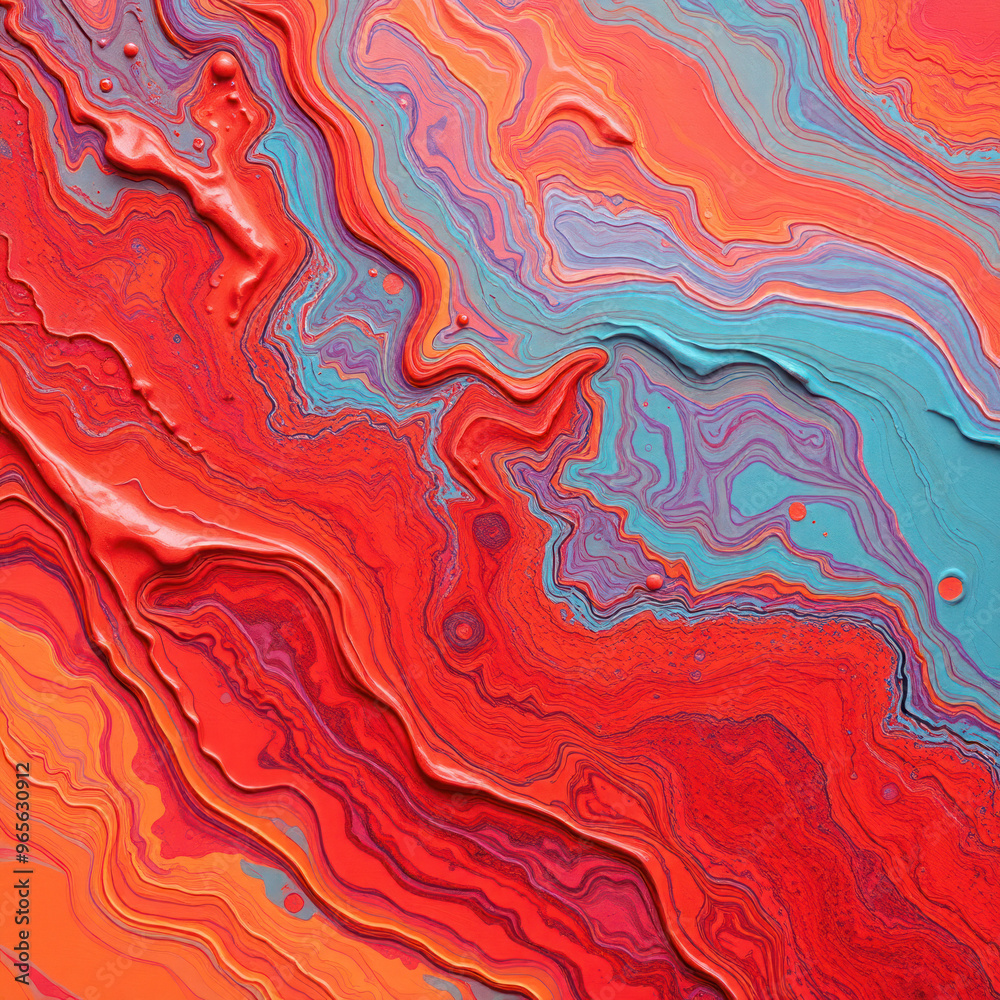 Poster Bright strokes of paint with textural elements, combining red and blue colors, add depth and contrast to the image