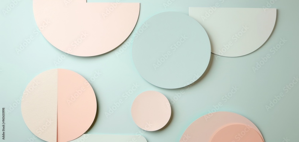 Poster abstract composition of pastel circles on a soft blue background, ideal for modern design and creati