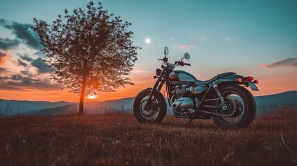 Fototapeta premium Motorcycle in vibrant sunset beside a tree on a grassy hill