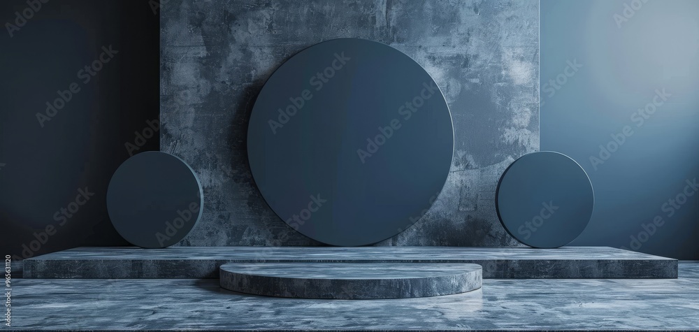 Poster A modern minimalist display featuring circular elements against a textured wall, perfect for showcasing products or art.