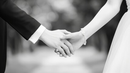 A romantic black and white image of a couple holding hands, symbolizing unity, love, and commitment in an outdoor setting.