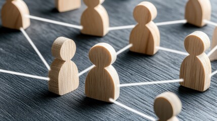 Obraz premium Wooden figures representing people are interconnected by white lines on a neutral grey background, symbolizing collaboration and networking in a professional environment