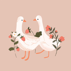 Cute white goose and  flowers. Composition with goose and wildflower. Hand drawn vector illustration. © jenteva